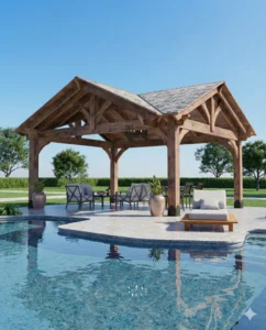 HT timber pergola with high top roof and open slatted beams, designed for elevated outdoor shade.