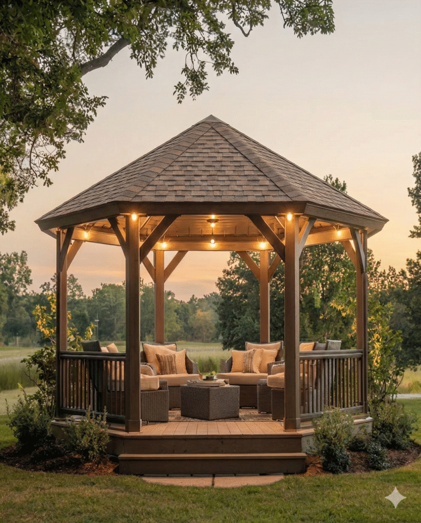 Custom timber gazebo with a pitched roof and exposed beam details, set in a landscaped outdoor space.
