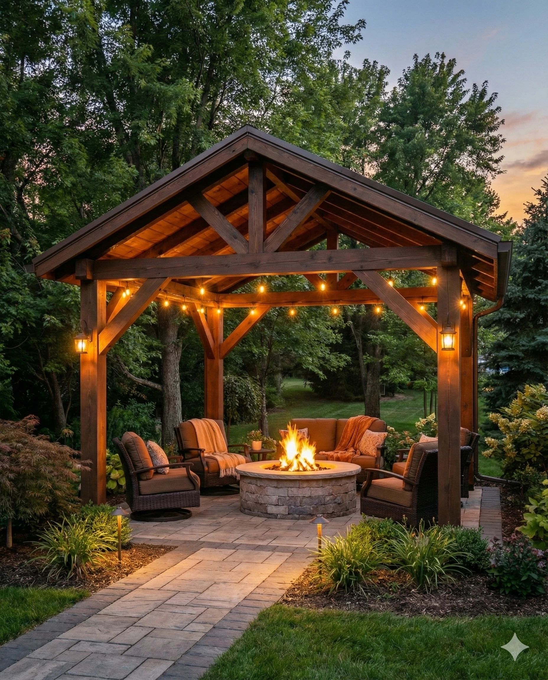 LT timber pavilion at twilight in a landscaped garden, with soft lighting accentuating the low top timber frame.