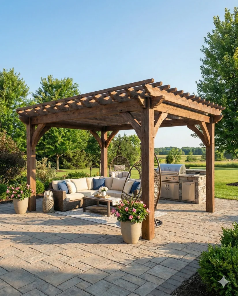 Timber pergola over a back patio with robust beams and open roof slats, ideal for shaded outdoor living.