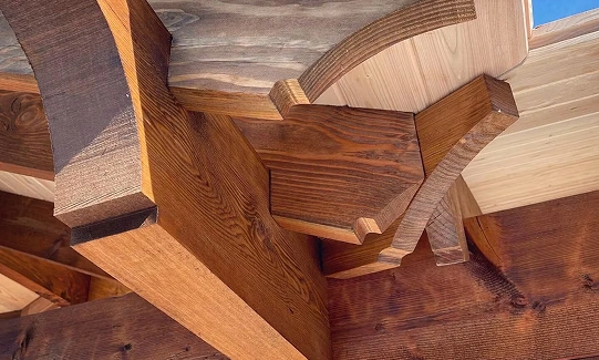 Component layout for an LT timber pavilion featuring low top beam configurations for simplified assembly.