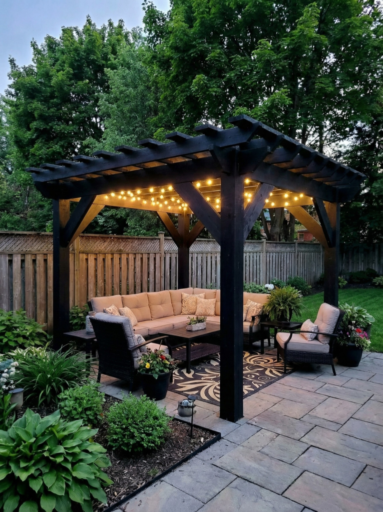 Black wooden pergola with outdoor sectional sofa and string lights on a landscaped backyard patio