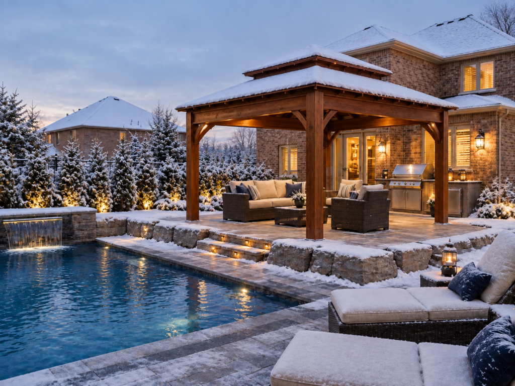 Snow-covered backyard pavilion beside a swimming pool, featuring warm lighting, a brick house, and a cozy outdoor seating area in winter.