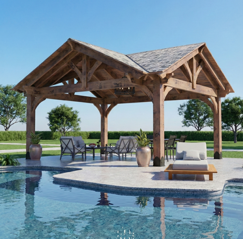 HT timber pergola with high top structure and exposed beams, perfect for backyard entertaining.