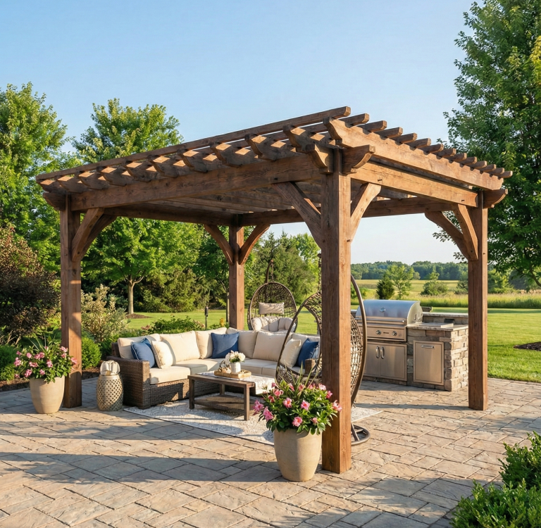 Timber pergola with open roof design over a patio, blending shaded comfort with refined craftsmanship.